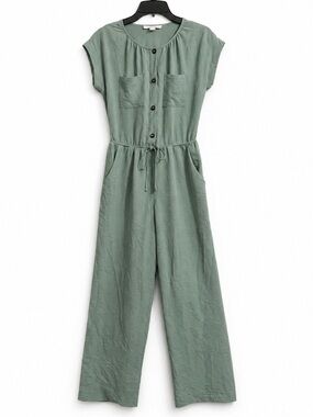 Monteau Sage Green Short-Sleeve Button-Front Pockets Tie Waist Jumpsuit